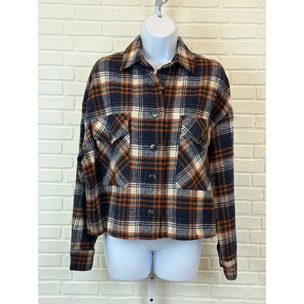 Windsor Cropped Plaid Flannel Shacket Navy Orange Small